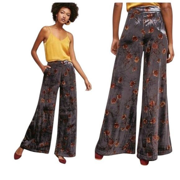 Anthropologie Pants - ANTHROPOLOGIE ETT:TWA Pants M Grey Floral Velvet Velour Wide Leg Boho Concert